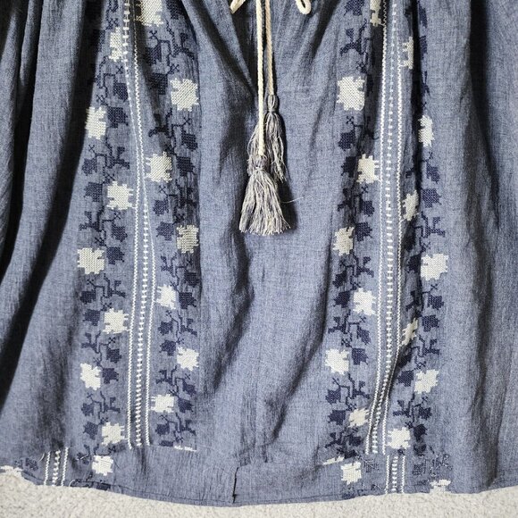 Hazel Women's Long Balloon Sleeve Tie V Neck Oversized Top Embroidered Blue Sz M - Picture 5 of 15